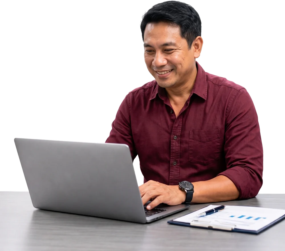 Business owner reviewing his loan details on a laptop