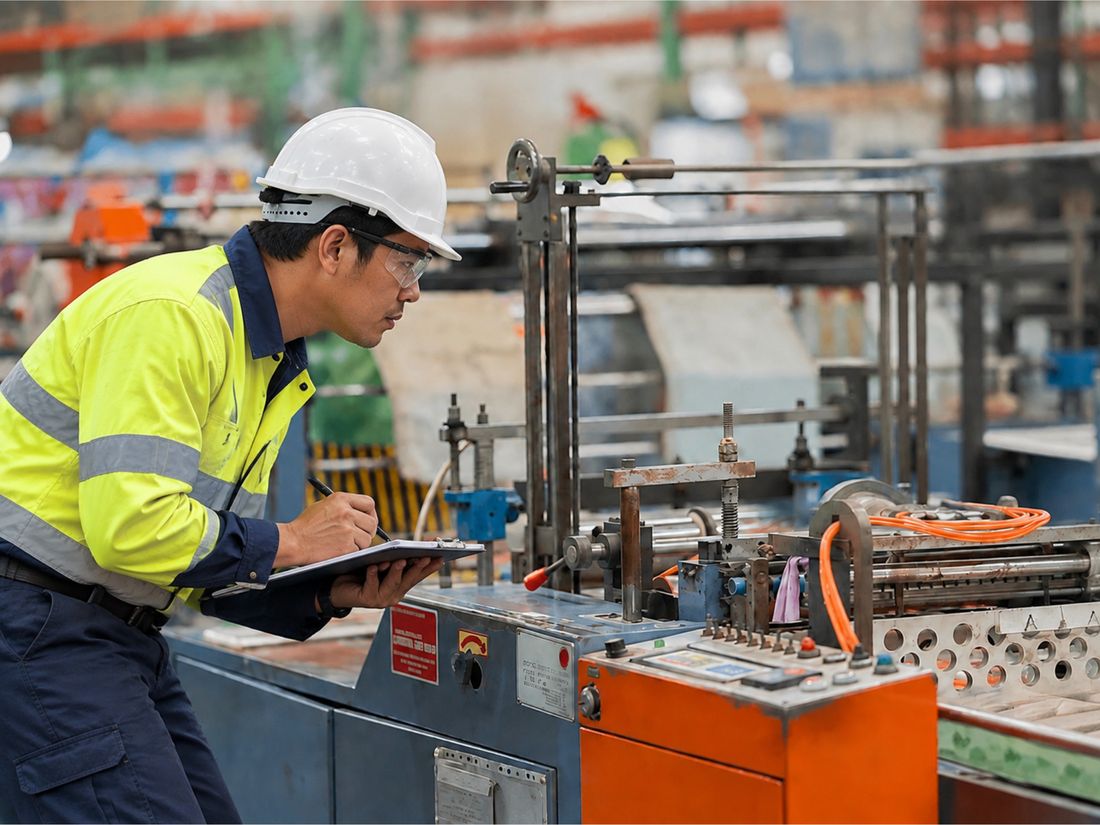 Factory worker checking a machine